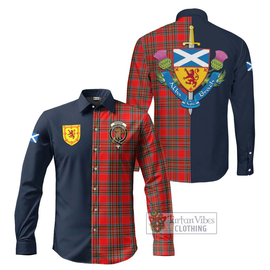 Tartan Vibes Clothing Binning Tartan Long Sleeve Button Shirt with Scottish Lion Royal Arm Half Style