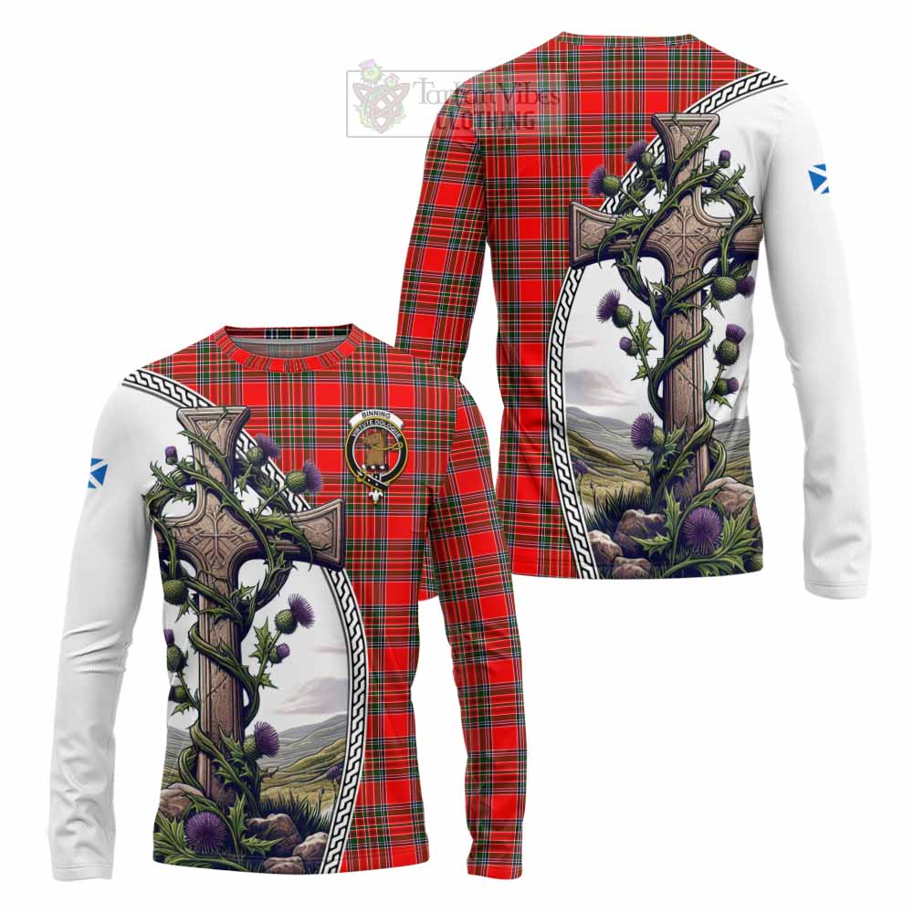 Tartan Vibes Clothing Binning Tartan Long Sleeve T-Shirt with Family Crest and St. Andrew's Cross Accented by Thistle Vines