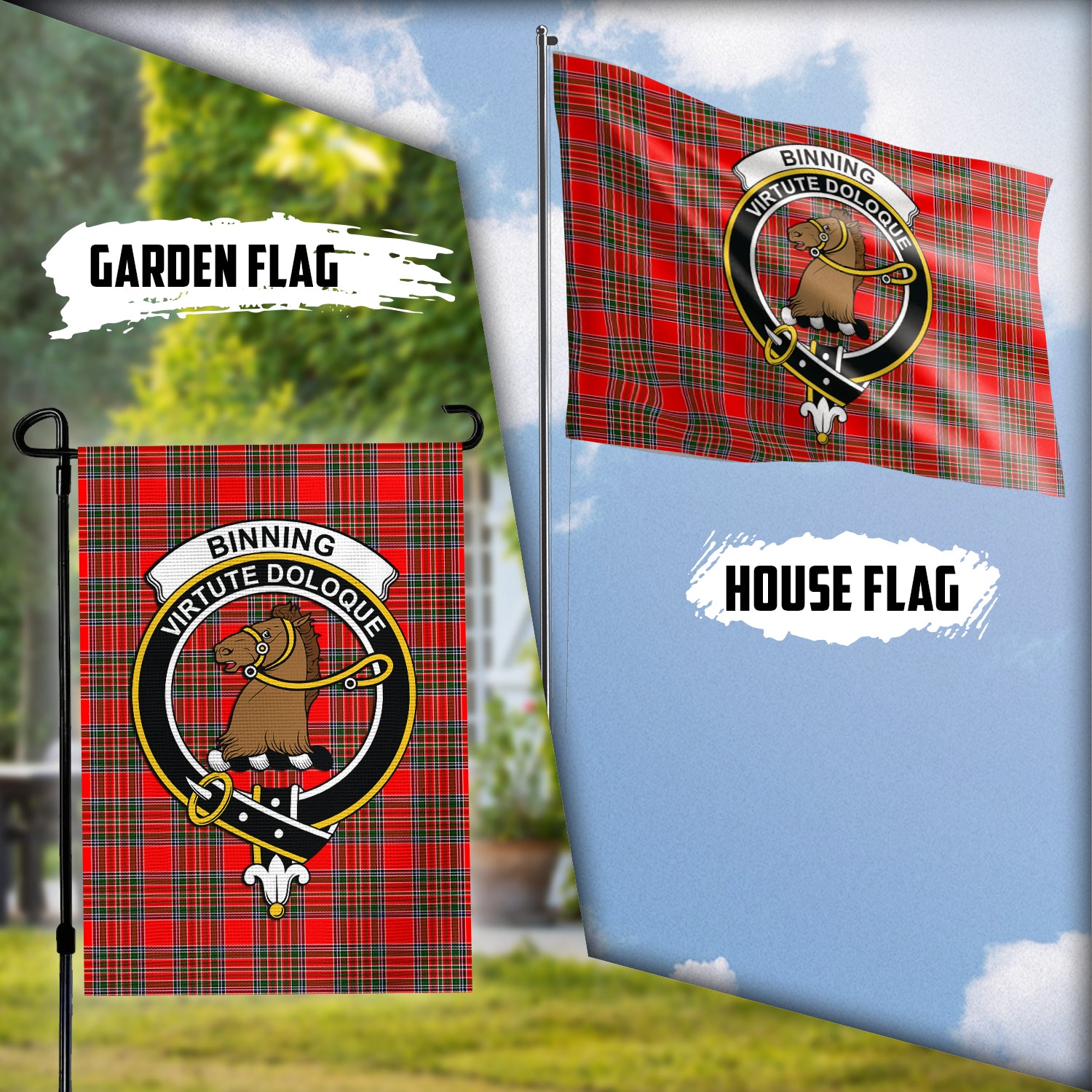 Binning Tartan Flag with Family Crest Garden Flag (Vertical) - Tartan Vibes Clothing