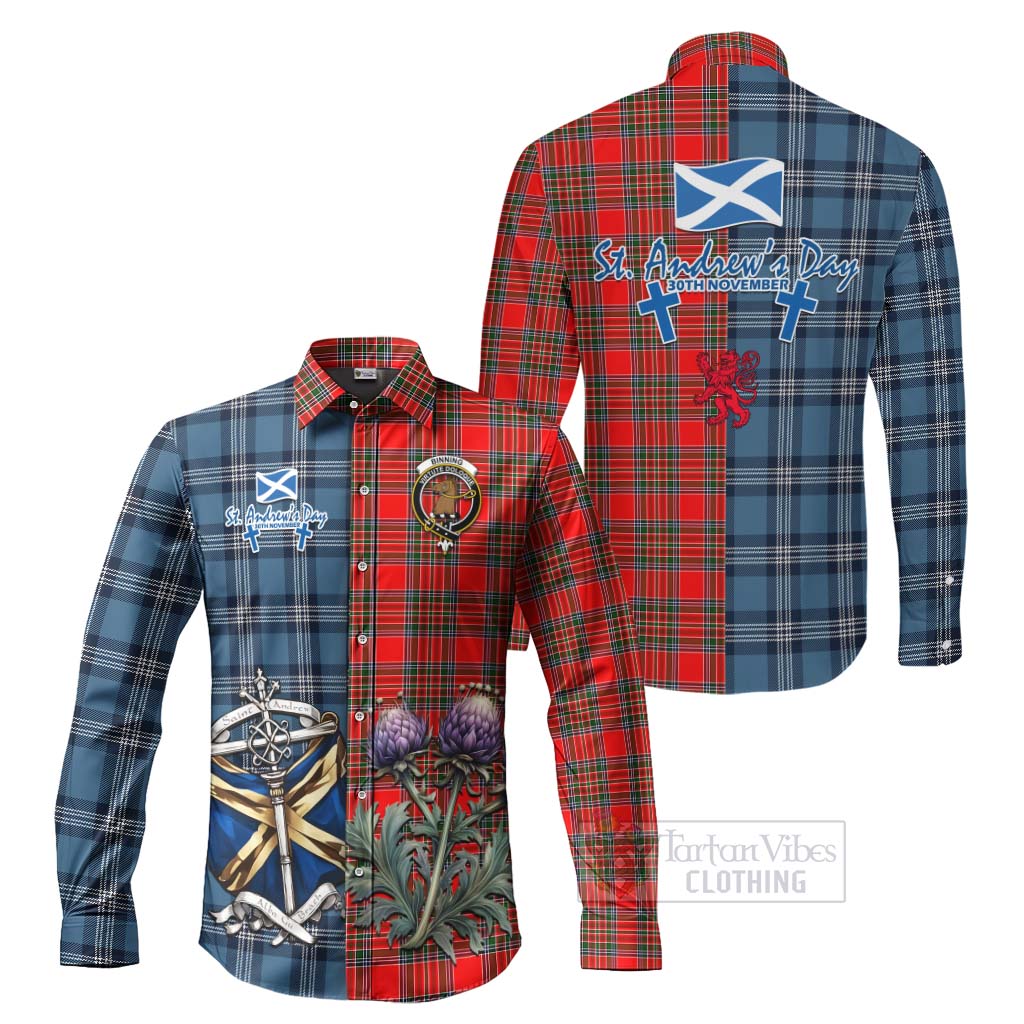 Tartan Vibes Clothing Binning Tartan Long Sleeve Button Shirt Happy St. Andrew's Day Half Tartan Style