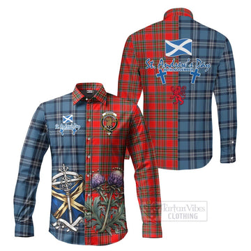 Binning Tartan Long Sleeve Button Shirt Happy St. Andrew's Day Half Tartan Style