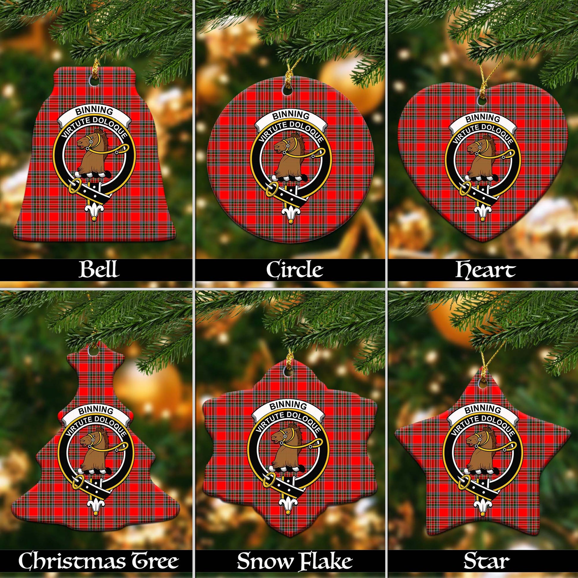 Binning Tartan Christmas Ornaments with Family Crest Ceramic Bell Pack 1: ornament * 1 piece - Tartanvibesclothing