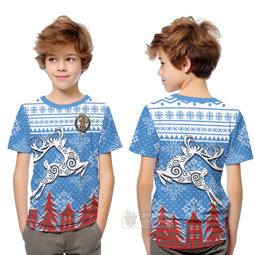 Tartan Vibes Clothing Binning Clan Christmas Kid T-Shirt Celtic Reindeer Style