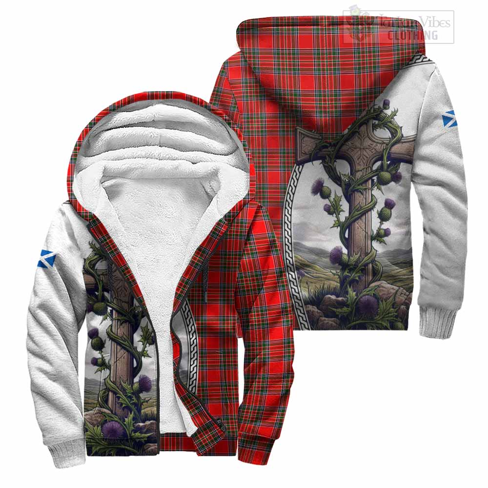 Tartan Vibes Clothing Binning Tartan Sherpa Hoodie with Family Crest and St. Andrew's Cross Accented by Thistle Vines