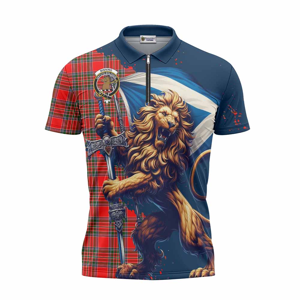 Tartan Vibes Clothing Binning Tartan Family Crest Zipper Polo Shirt with Scottish Majestic Lion