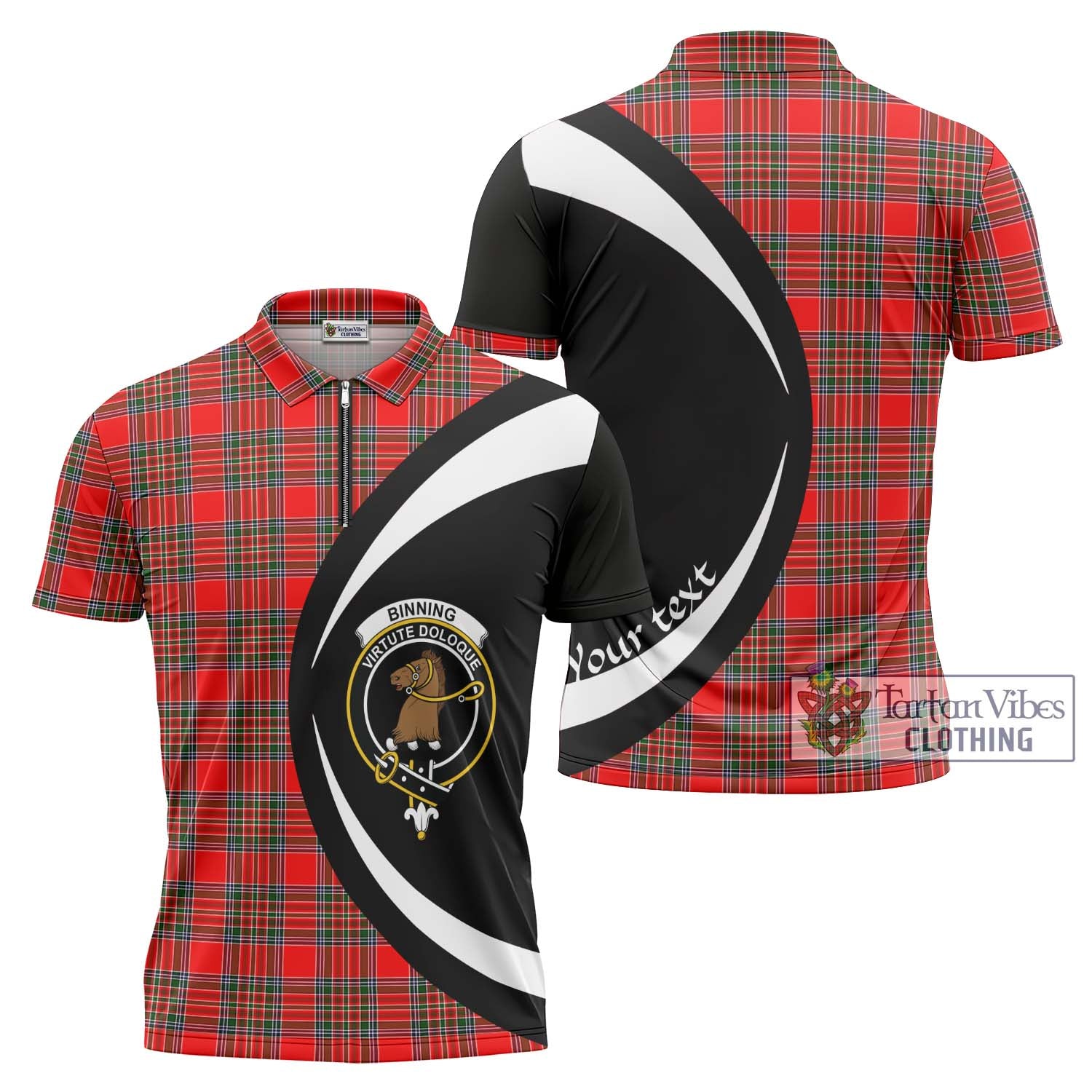 Tartan Vibes Clothing Binning Tartan Zipper Polo Shirt with Family Crest Circle Style