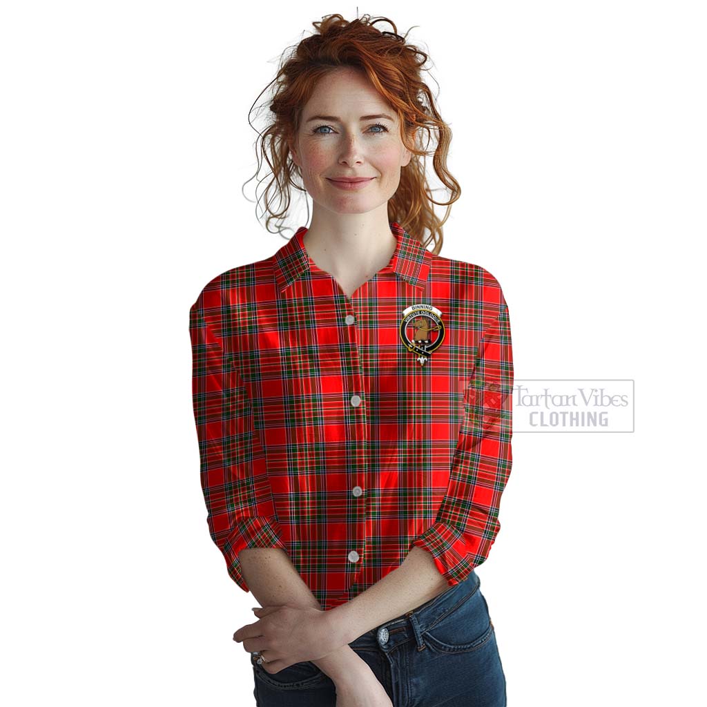 Tartan Vibes Clothing Binning Tartan Women's Casual Shirt with Family Crest and Bearded Skull Holding Bottles of Whiskey