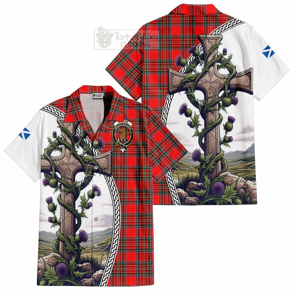 Tartan Vibes Clothing Binning Tartan Short Sleeve Button Shirt with Family Crest and St. Andrew's Cross Accented by Thistle Vines