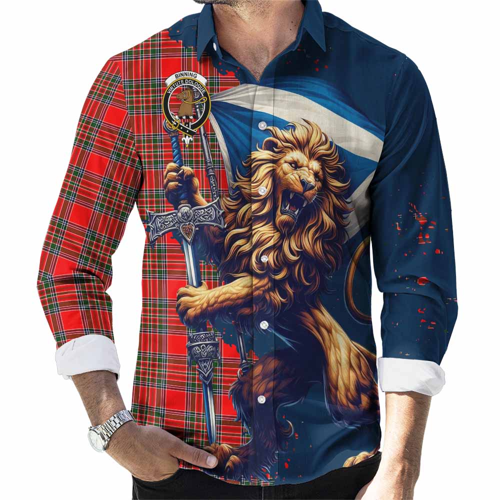 Tartan Vibes Clothing Binning Tartan Family Crest Long Sleeve Button Shirt with Scottish Majestic Lion