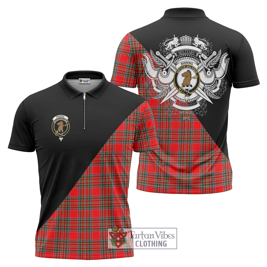 Binning Tartan Zipper Polo Shirt with Family Crest and Military Logo Style Unisex - Tartanvibesclothing Shop