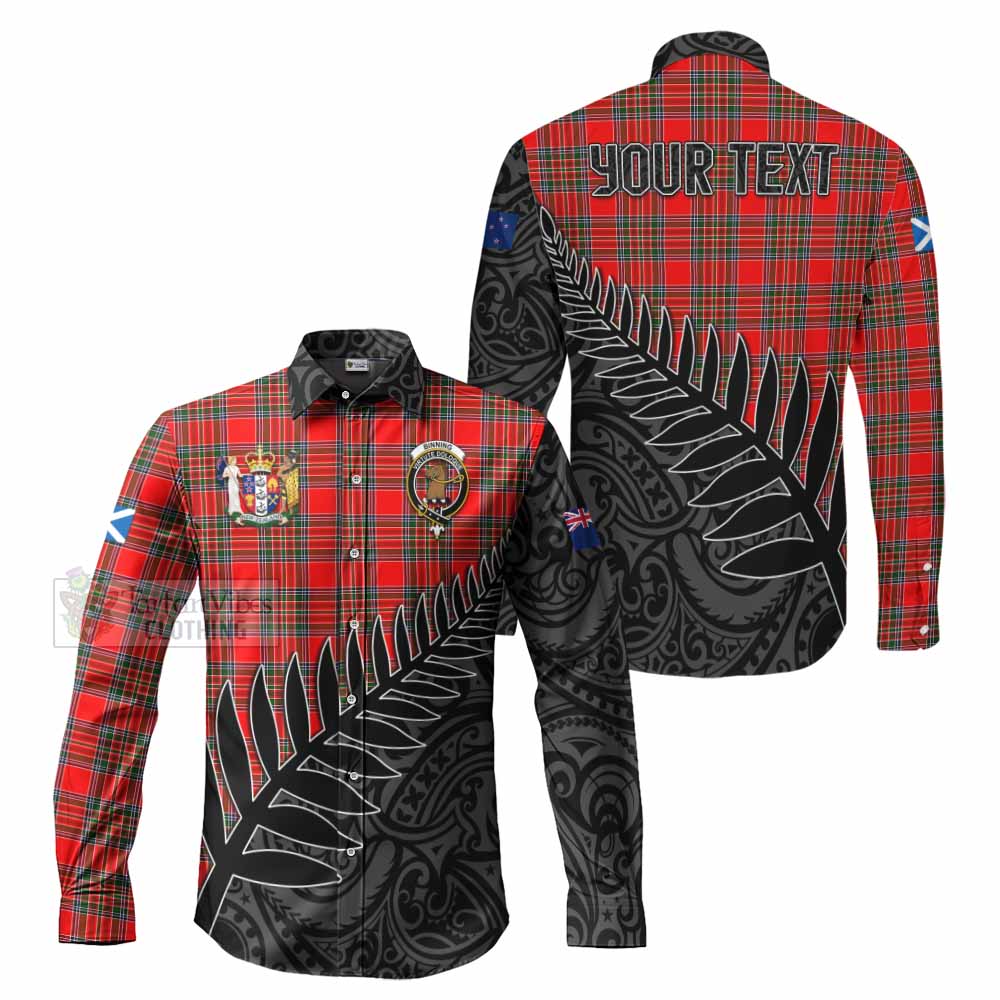 Tartan Vibes Clothing Binning Crest Tartan Long Sleeve Button Shirt with New Zealand Silver Fern Half Style