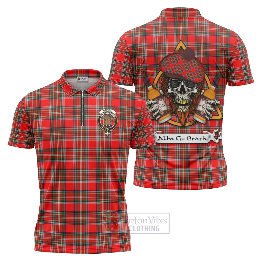 Tartan Vibes Clothing Binning Tartan Zipper Polo Shirt with Family Crest and Bearded Skull Holding Bottles of Whiskey