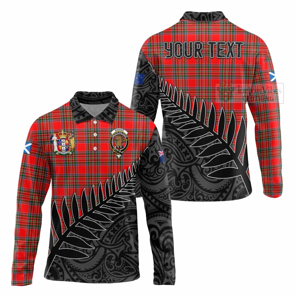 Tartan Vibes Clothing Binning Crest Tartan Long Sleeve Polo Shirt with New Zealand Silver Fern Half Style