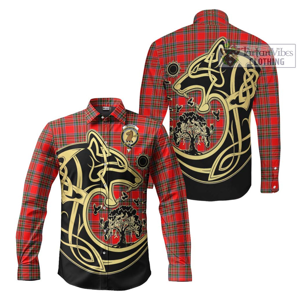 Binning Tartan Long Sleeve Button Shirt with Family Crest Celtic Wolf Style Men's Shirt S - Tartan Vibes Clothing