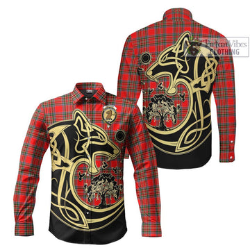 Binning Tartan Long Sleeve Button Shirt with Family Crest Celtic Wolf Style