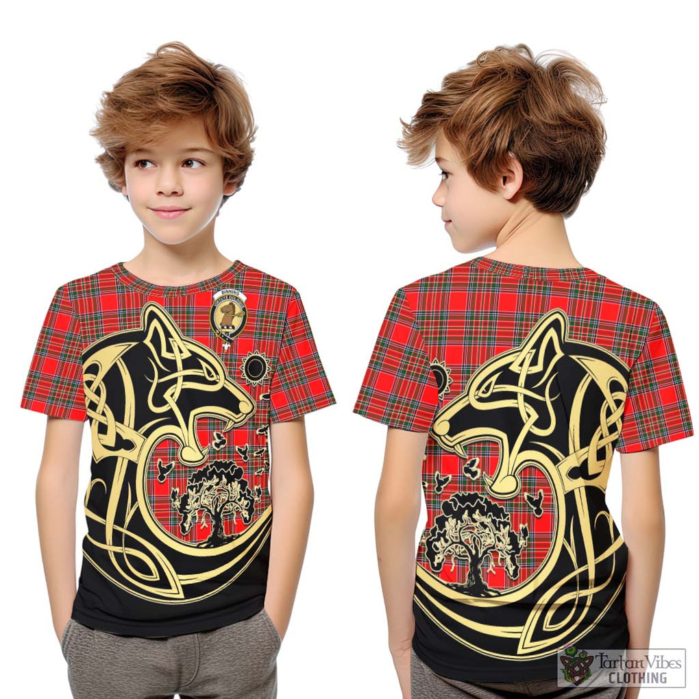 Binning Tartan Kid T-Shirt with Family Crest Celtic Wolf Style Youth XL Size14 - Tartan Vibes Clothing