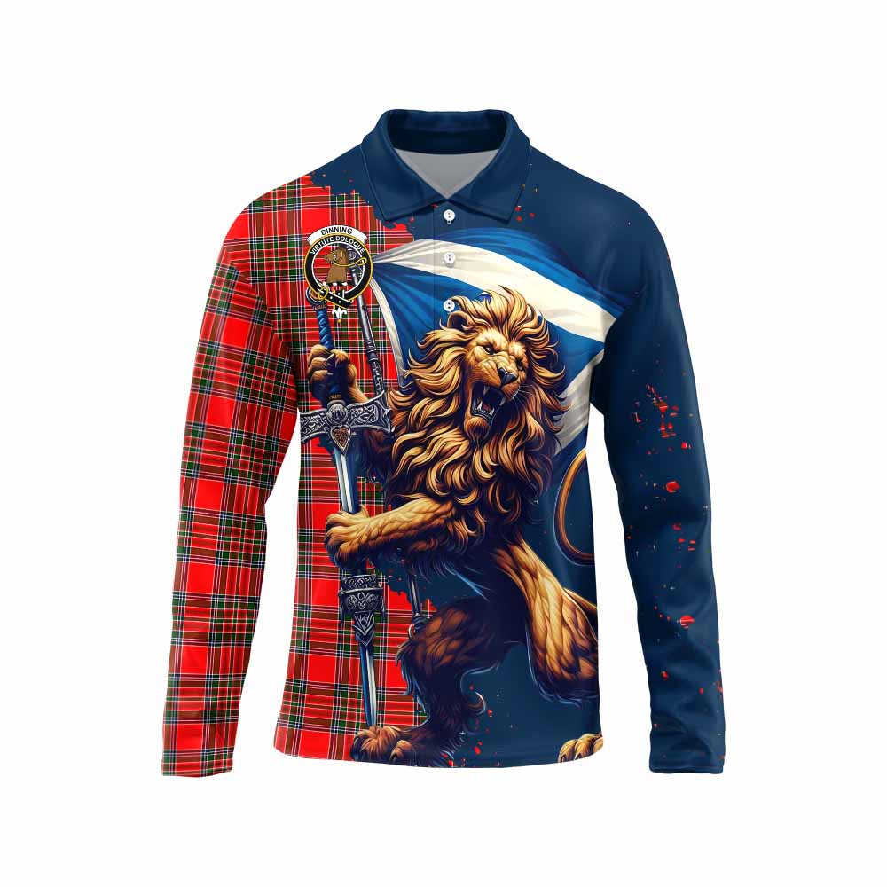 Tartan Vibes Clothing Binning Tartan Family Crest Long Sleeve Polo Shirt with Scottish Majestic Lion