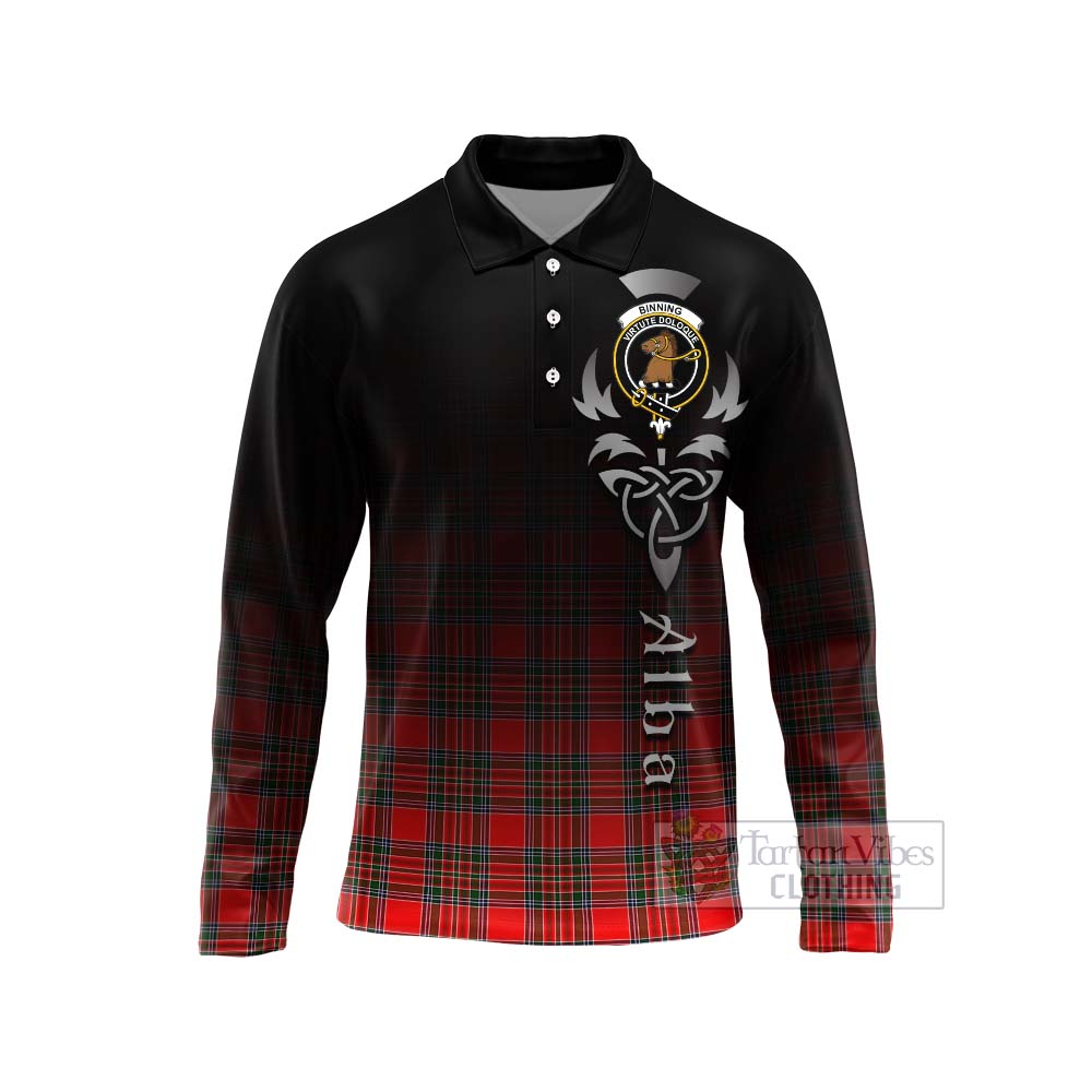 Tartan Vibes Clothing Binning Tartan Long Sleeve Polo Shirt Featuring Alba Gu Brath Family Crest Celtic Inspired