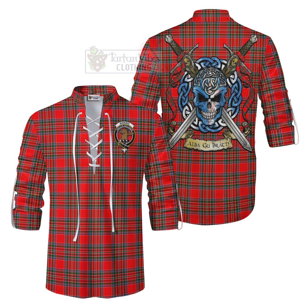 Tartan Vibes Clothing Binning Tartan Ghillie Kilt Shirt with Family Crest Celtic Skull Style