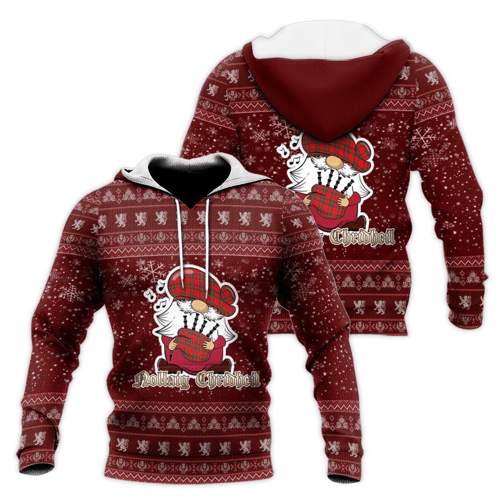 Binning Clan Christmas Knitted Hoodie with Funny Gnome Playing Bagpipes Red - Tartanvibesclothing