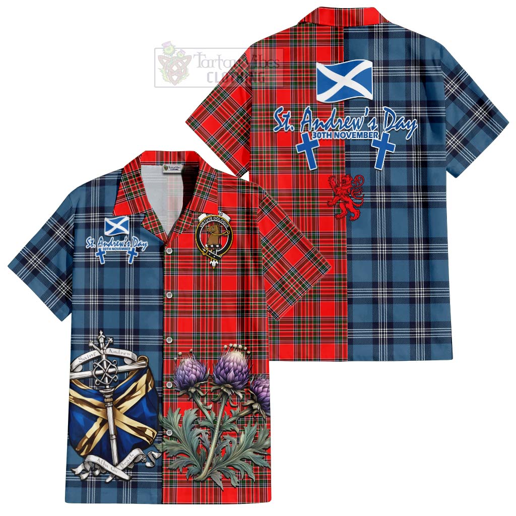 Tartan Vibes Clothing Binning Tartan Short Sleeve Button Shirt Happy St. Andrew's Day Half Tartan Style