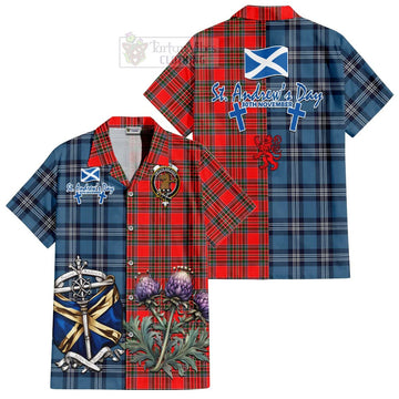 Binning Tartan Short Sleeve Button Shirt Happy St. Andrew's Day Half Tartan Style