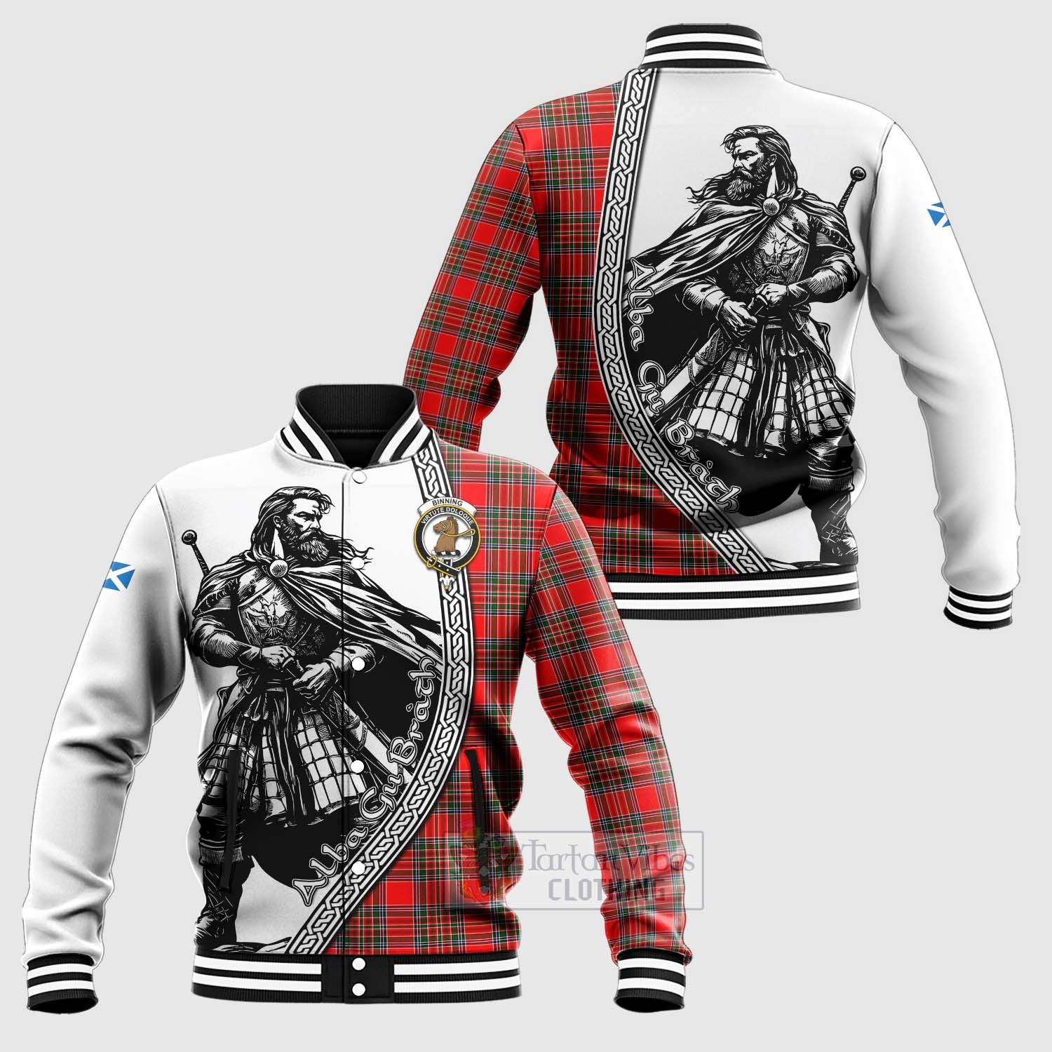 Tartan Vibes Clothing Binning Tartan Clan Crest Baseball Jacket with Highlander Warrior Celtic Style