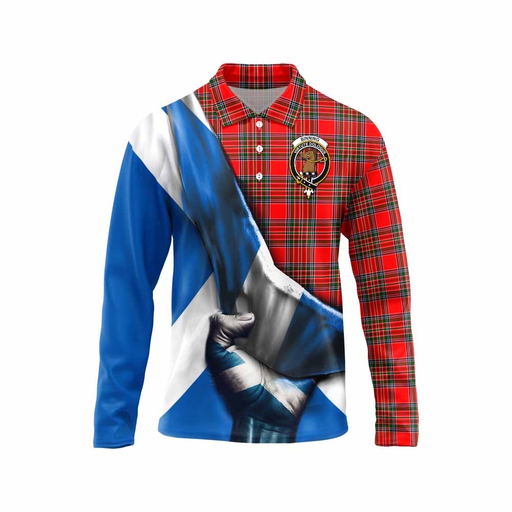 Tartan Vibes Clothing Binning Tartan Long Sleeve Polo Shirt with Family Crest Scotland Patriotic Style