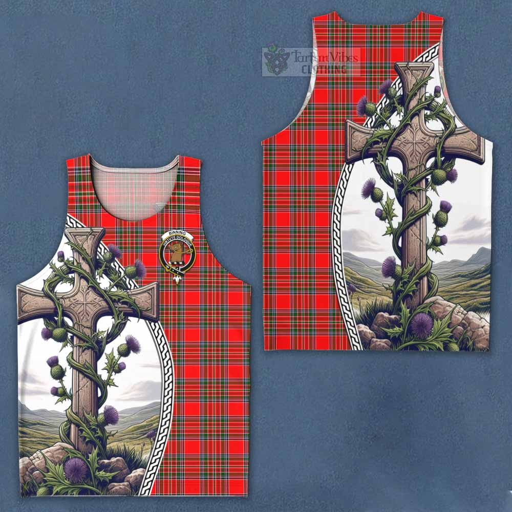 Tartan Vibes Clothing Binning Tartan Men's Tank Top with Family Crest and St. Andrew's Cross Accented by Thistle Vines