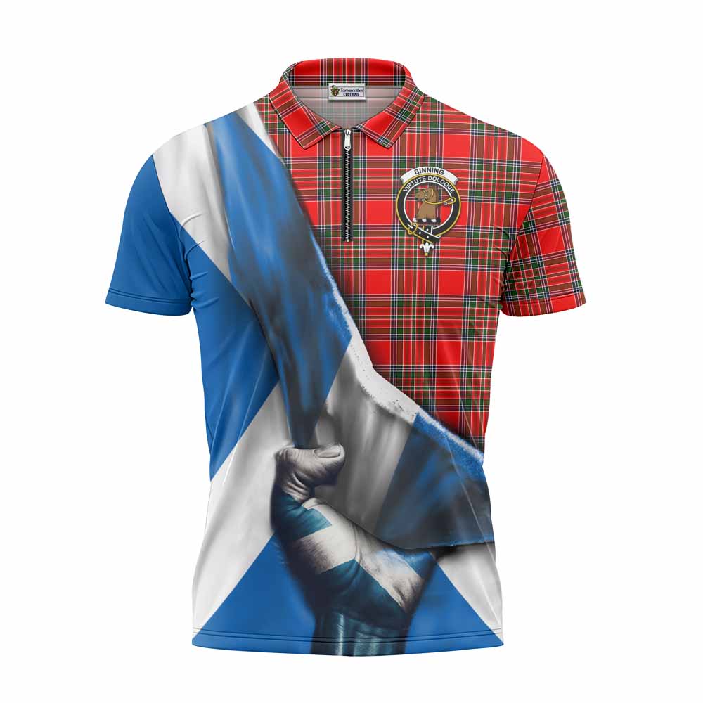 Tartan Vibes Clothing Binning Tartan Zipper Polo Shirt with Family Crest Scotland Patriotic Style