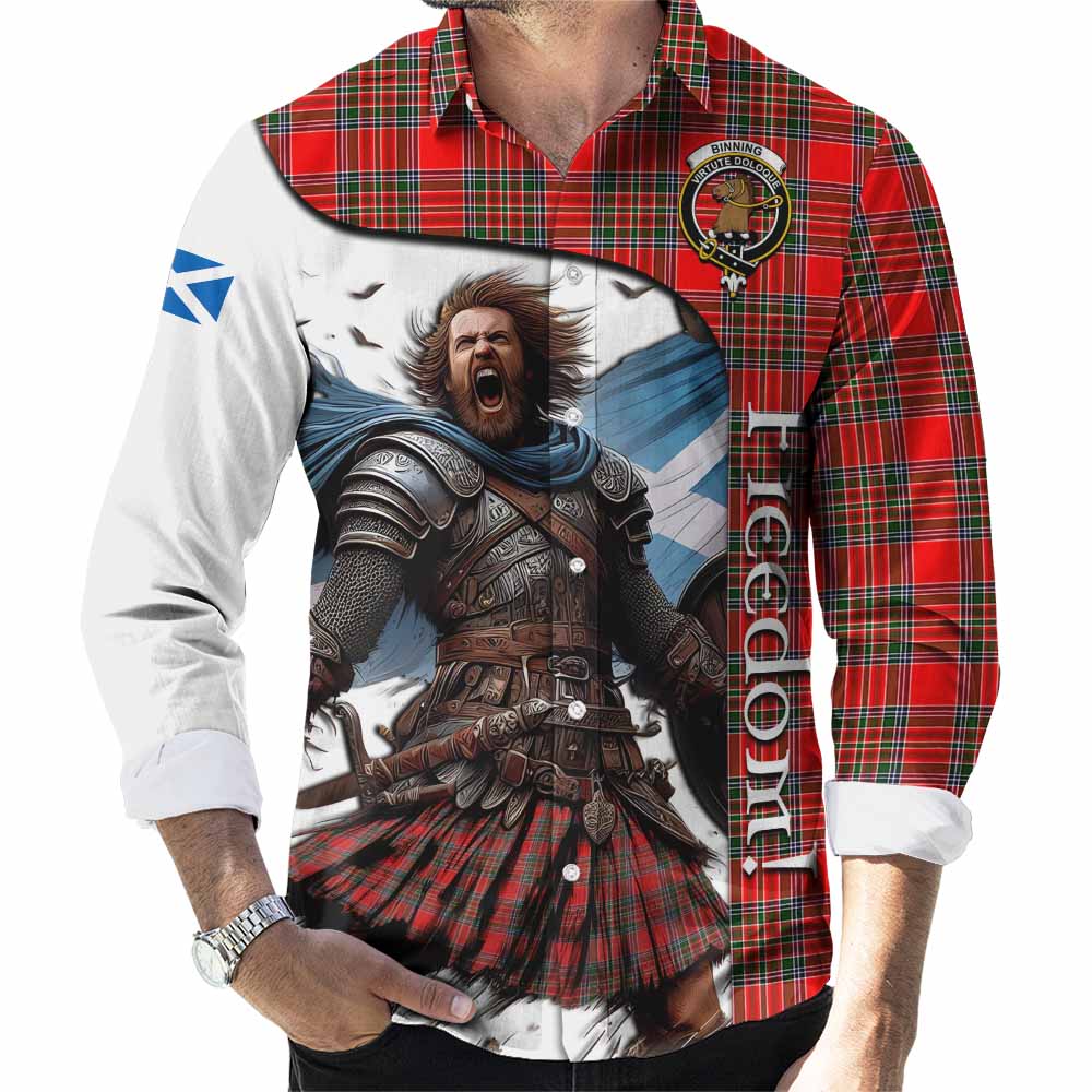 Tartan Vibes Clothing Binning Crest Tartan Long Sleeve Button Shirt Inspired by the Freedom of Scottish Warrior