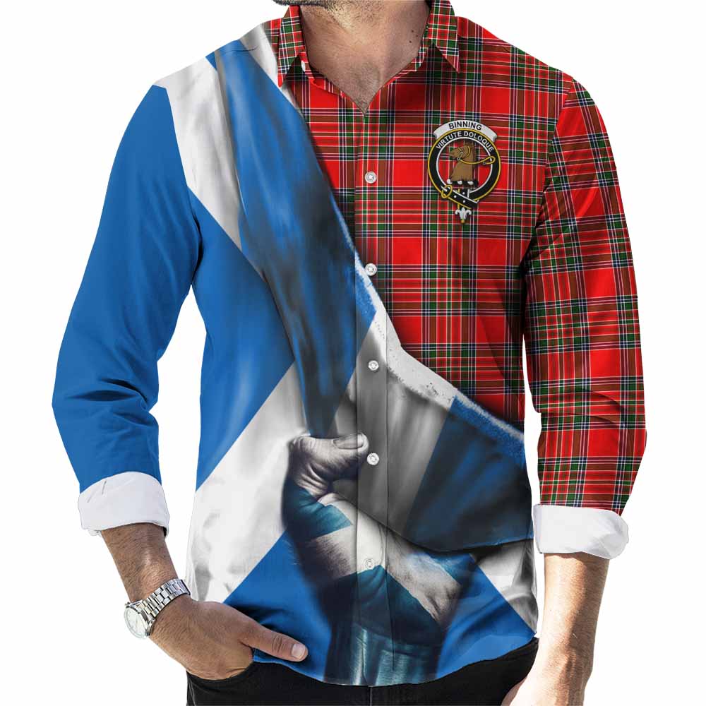 Tartan Vibes Clothing Binning Tartan Long Sleeve Button Shirt with Family Crest Scotland Patriotic Style