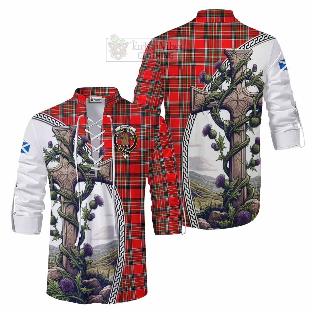 Tartan Vibes Clothing Binning Tartan Ghillie Kilt Shirt with Family Crest and St. Andrew's Cross Accented by Thistle Vines