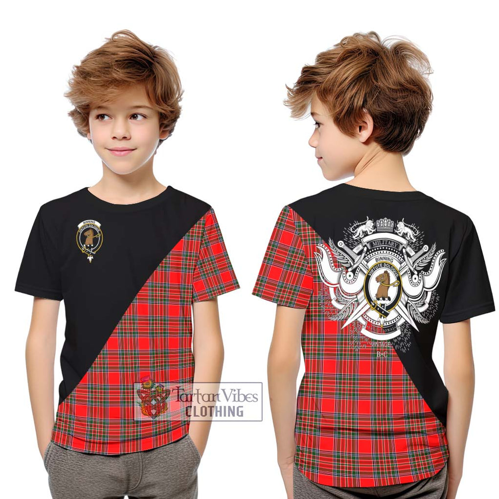 Binning Tartan Kid T-Shirt with Family Crest and Military Logo Style Youth XL Size14 - Tartanvibesclothing Shop