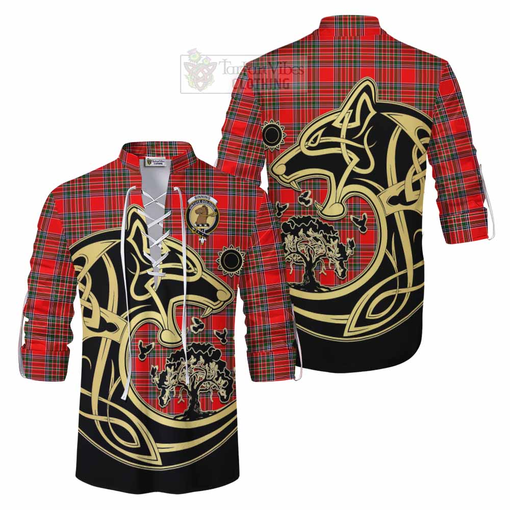 Tartan Vibes Clothing Binning Tartan Ghillie Kilt Shirt with Family Crest Celtic Wolf Style