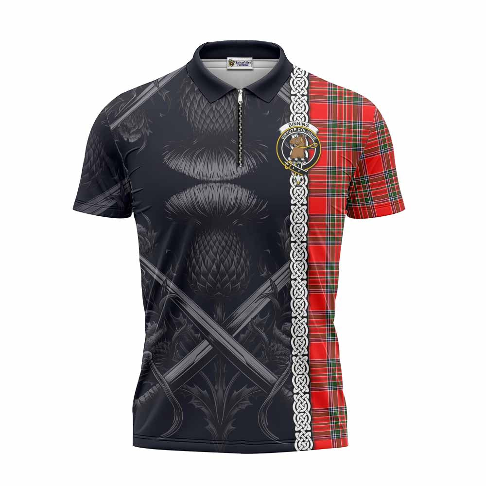 Tartan Vibes Clothing Binning Tartan Zipper Polo Shirt with Family Crest Cross Sword Thistle Celtic Vibes