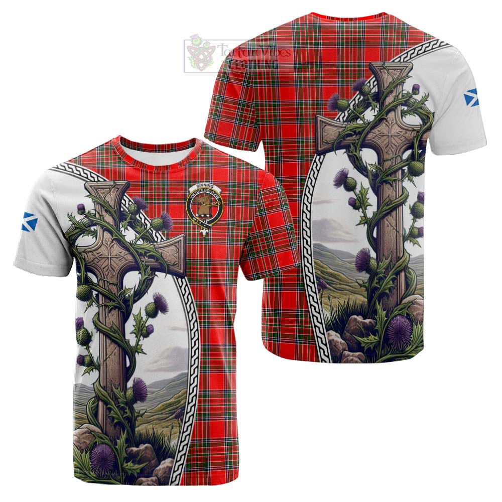 Tartan Vibes Clothing Binning Tartan Cotton T-shirt with Family Crest and St. Andrew's Cross Accented by Thistle Vines