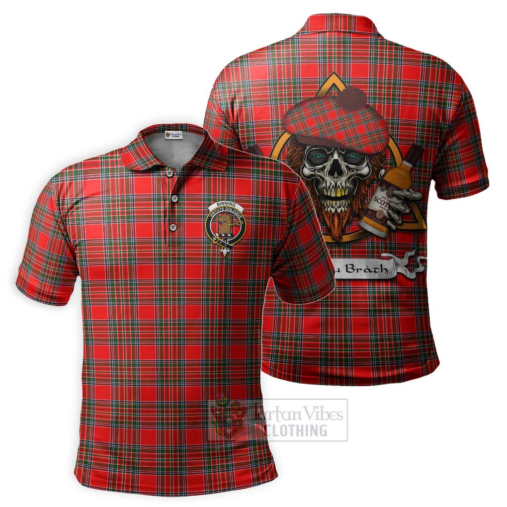 Tartan Vibes Clothing Binning Tartan Polo Shirt with Family Crest and Bearded Skull Holding Bottles of Whiskey