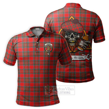 Binning Tartan Polo Shirt with Family Crest and Bearded Skull Holding Bottles of Whiskey