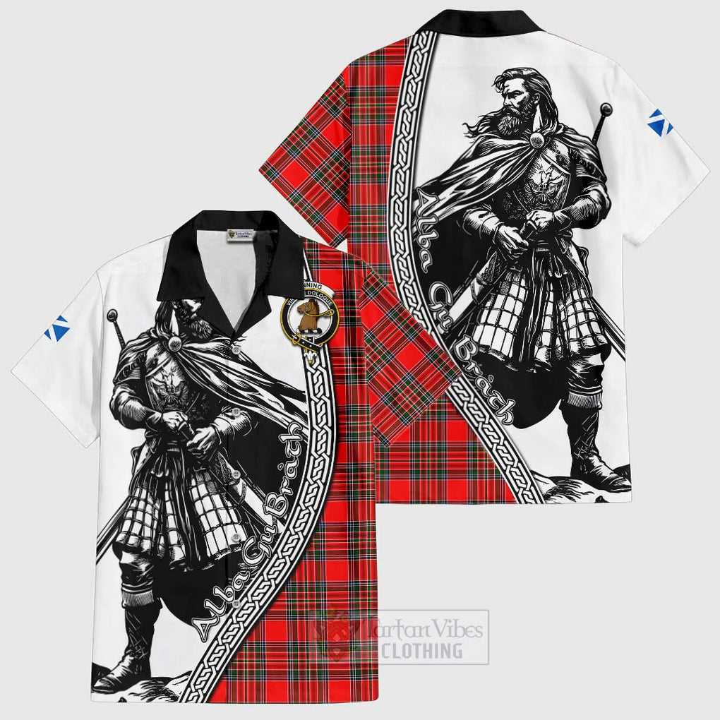 Tartan Vibes Clothing Binning Tartan Clan Crest Short Sleeve Button Shirt with Highlander Warrior Celtic Style