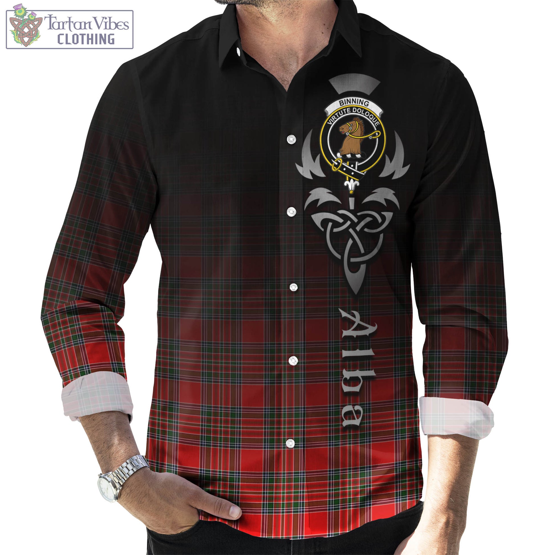 Tartan Vibes Clothing Binning Tartan Long Sleeve Button Up Featuring Alba Gu Brath Family Crest Celtic Inspired