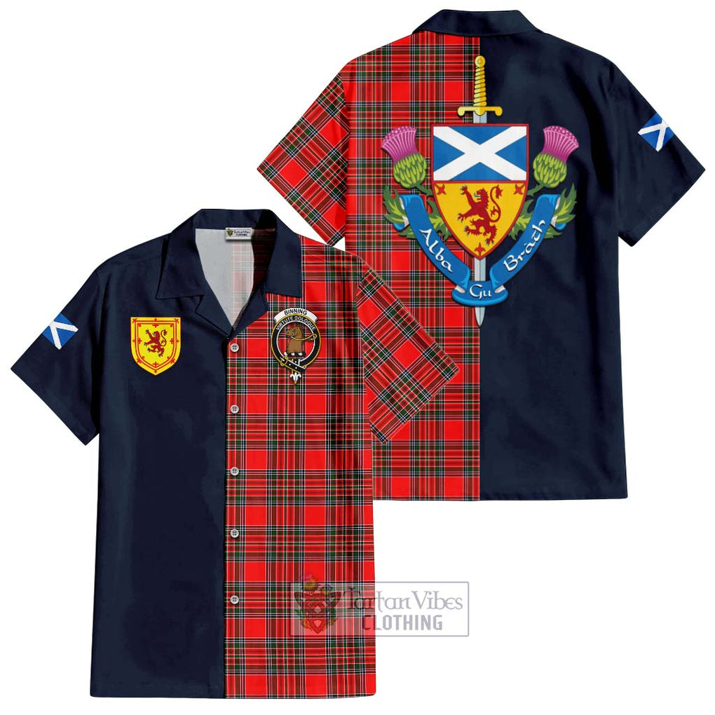 Tartan Vibes Clothing Binning Tartan Short Sleeve Button Shirt with Scottish Lion Royal Arm Half Style