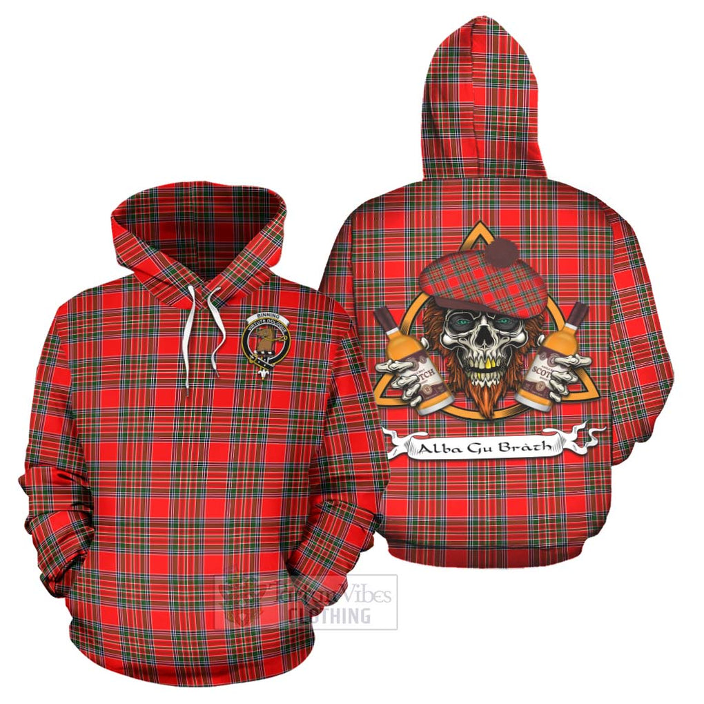 Tartan Vibes Clothing Binning Tartan Hoodie with Family Crest and Bearded Skull Holding Bottles of Whiskey