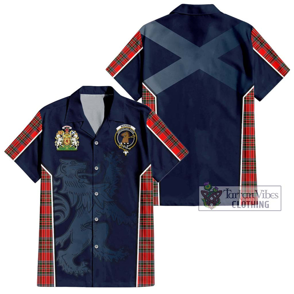 Binning Tartan Short Sleeve Button Shirt with Family Crest and Lion Rampant Vibes Sport Style Kid - Tartan Vibes Clothing