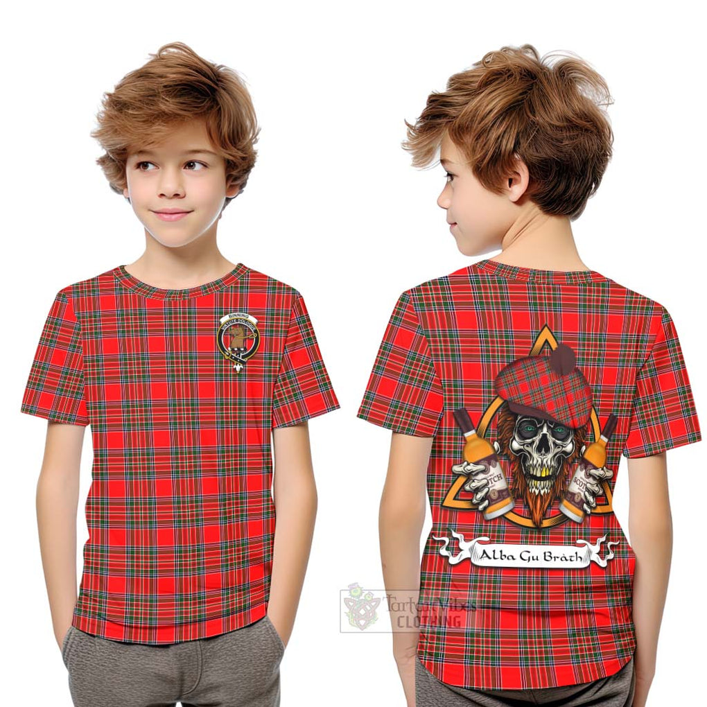 Tartan Vibes Clothing Binning Tartan Kid T-Shirt with Family Crest and Bearded Skull Holding Bottles of Whiskey