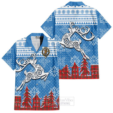 Binning Clan Christmas Short Sleeve Button Shirt Celtic Reindeer Style