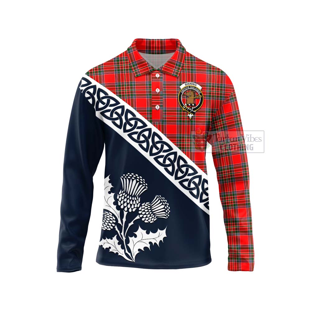 Tartan Vibes Clothing Binning Tartan Long Sleeve Polo Shirt Featuring Thistle and Scotland Map