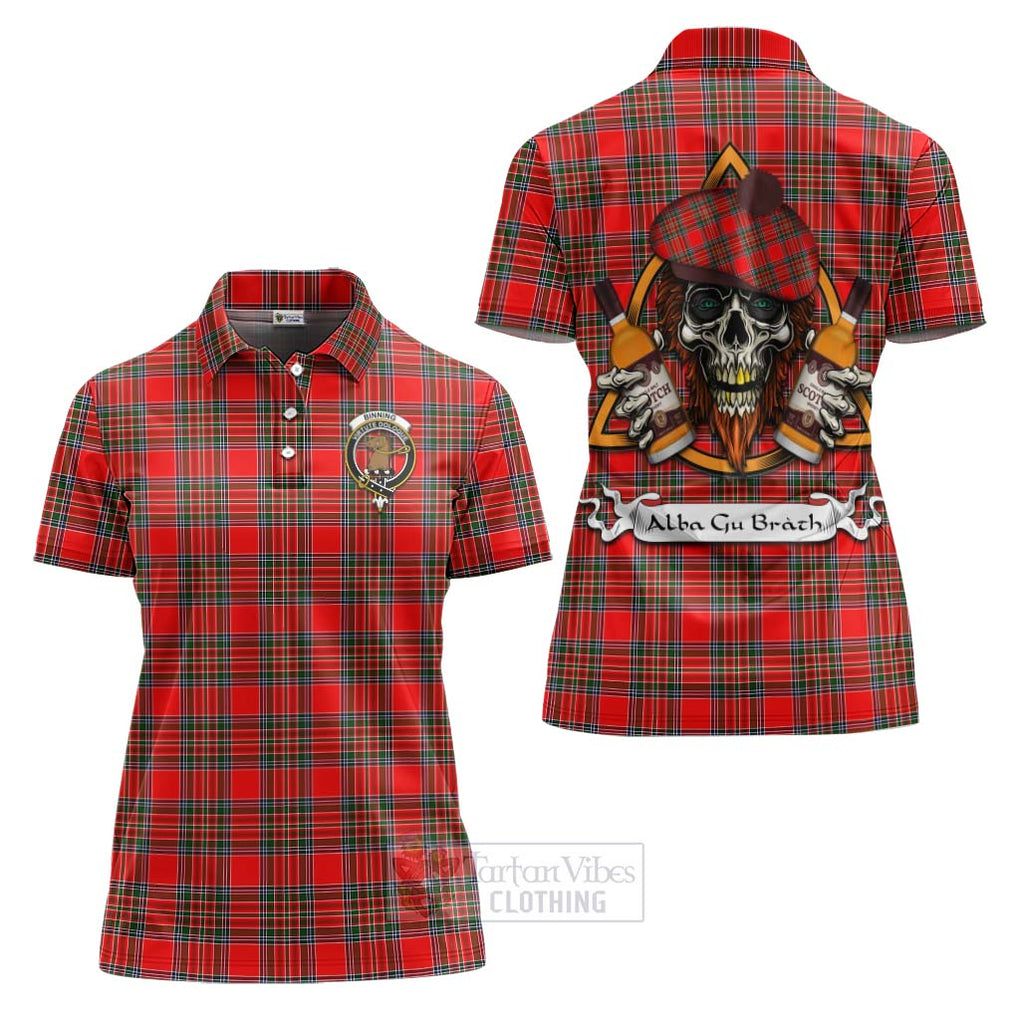 Tartan Vibes Clothing Binning Tartan Women's Polo Shirt with Family Crest and Bearded Skull Holding Bottles of Whiskey