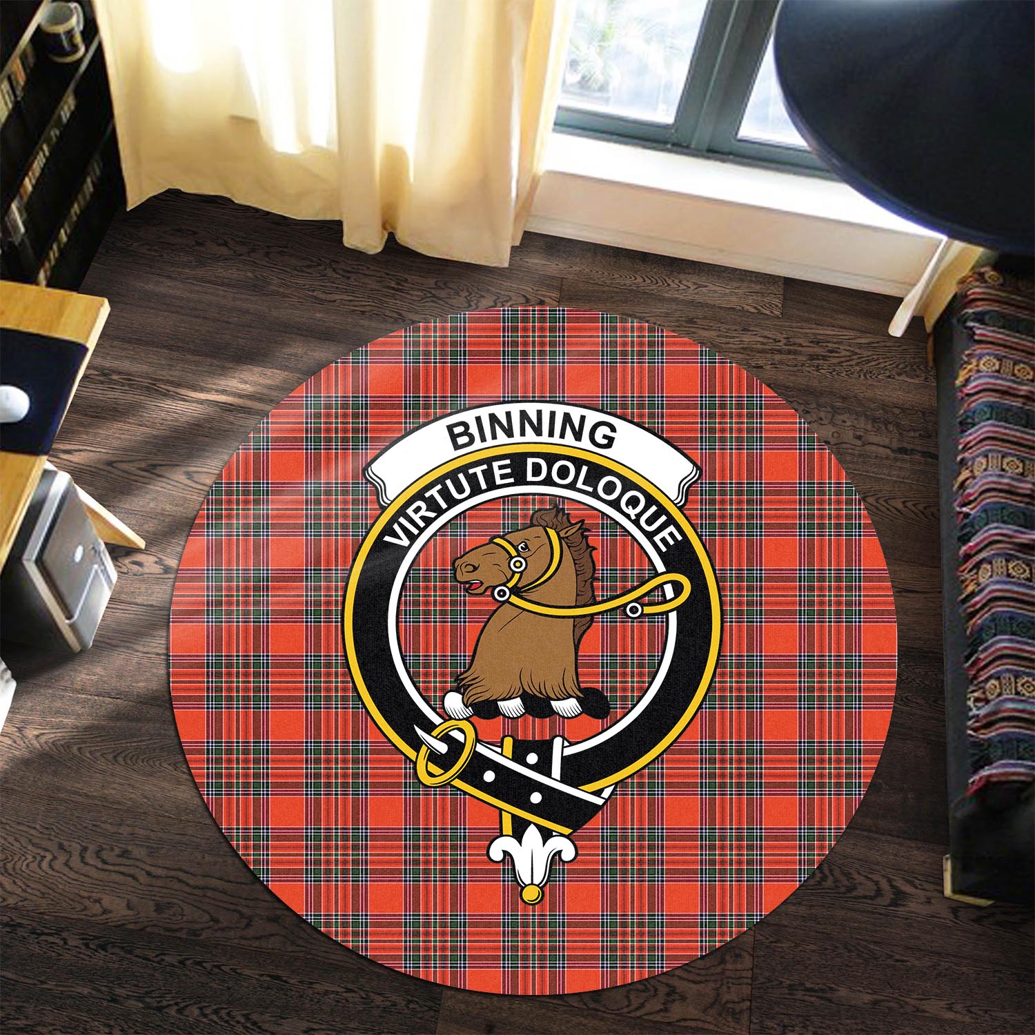 Binning Tartan Round Rug with Family Crest - Tartanvibesclothing