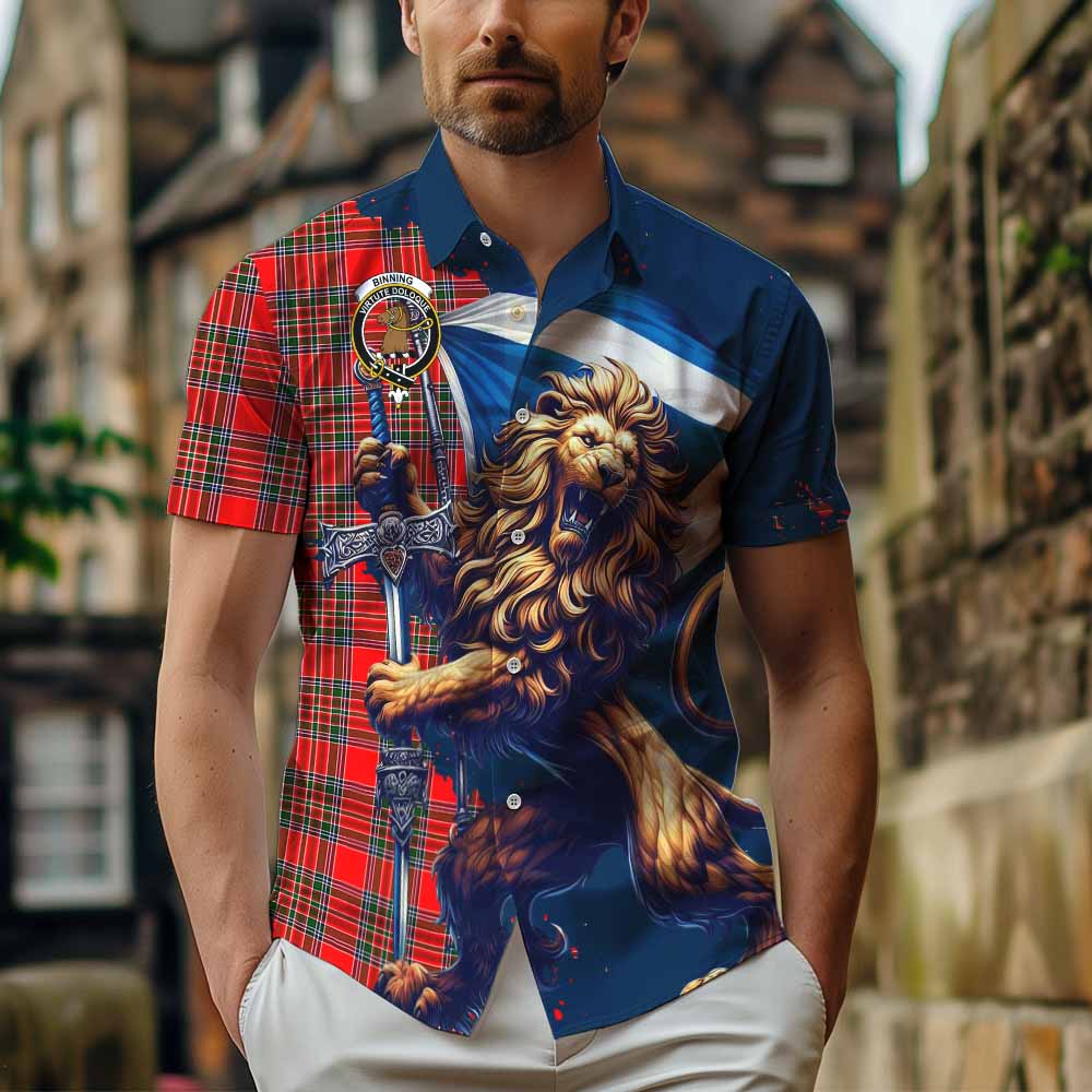 Tartan Vibes Clothing Binning Tartan Family Crest Short Sleeve Button Shirt with Scottish Majestic Lion